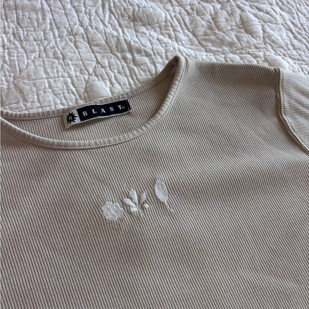 3/$15 Cream Ribbed Tee with Subtle Floral Embroidery